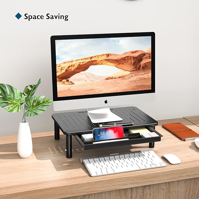 BONTEC 1 Pack Adjustable Monitor Stand Riser with Drawer, Ergonomic Mesh Platform Computer Monitor Stand for Desk, Ventilated Laptop and PC Stand with Cable Management, Supports up to 44lbs