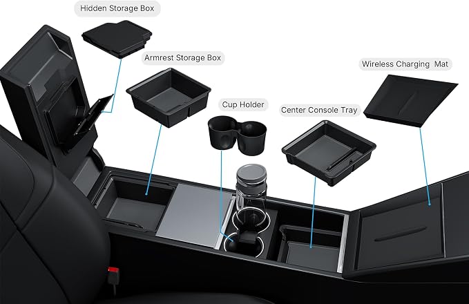 5PCS Center Console Organizer Compatible with 2025-2026 Tesla Model Y Juniper/2024-2026 Model 3 Highland Accessories, Hidden Storage Box, Cup Holder and Silicone Mat(Not Fit Juniper Standard)