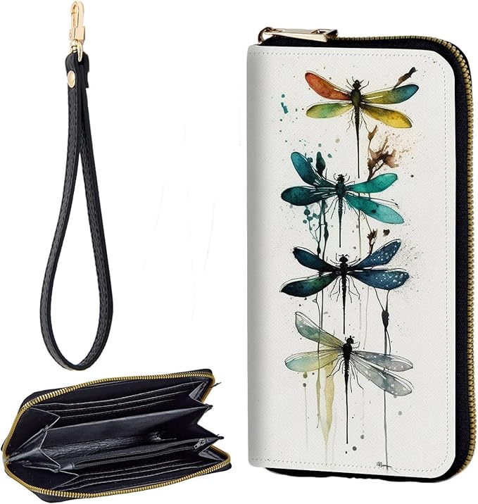 Zip Around Wallets for Women with Detachable Wrist Strap, Large Capacity RFID Blocking Leather Purse Organizer Card Holder Wristlet,Watercolor Dragonfly