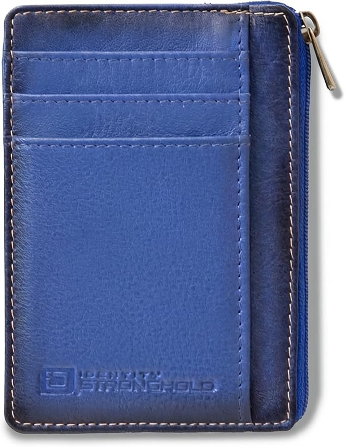ID STRONGHOLD RFID Front Pocket Wallet Mini Minimalist Wallet Slim Wallet Genuine Leather with Zipper , Royal Blue , Small