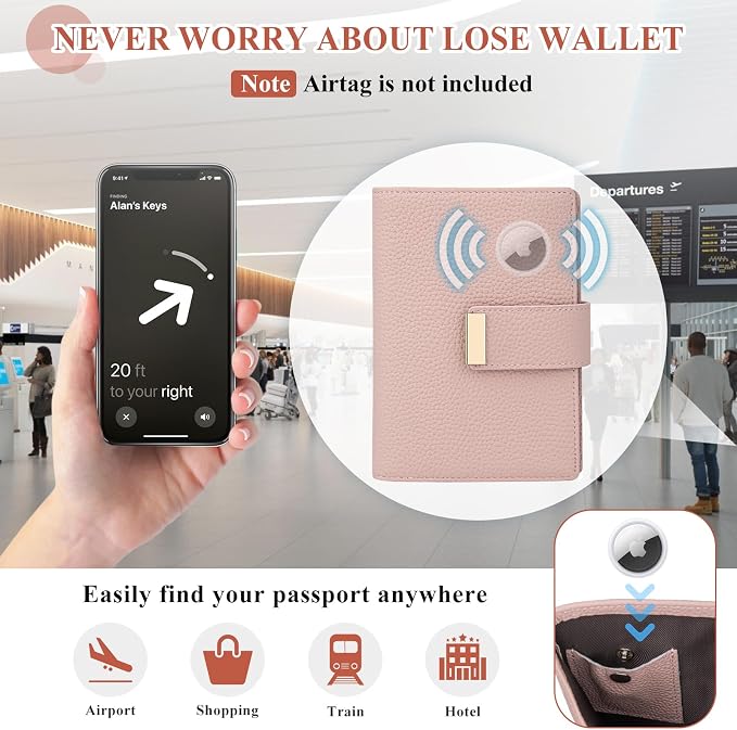 Pink Passport Holder with Airtag RFID Blocking Travel Wallet for Women, Leather Passport Wallet with Airtag Slot Slim Compact Passport Cover with Zipper Coin Pocket, Holder Card, SIM, Cash