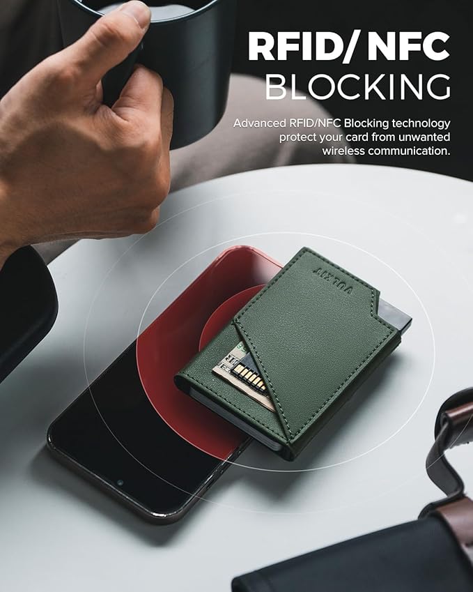 VULKIT Pop up Card Wallet RFID Blocking Slim Aluminum Metal Bank Card Holder Case with Business Money Pocket for Credit Cards Notes and Coins Green
