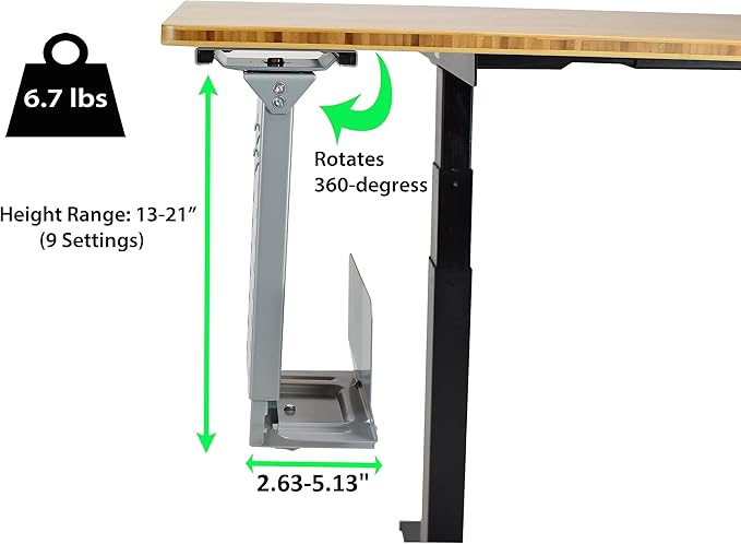 Uncaged Ergonomics CPU1 Adjustable Under Desk Computer Mount, 360??Swivel Steel CPU Holder PC Holder Under Desk Mount PC Tower Stand for Office