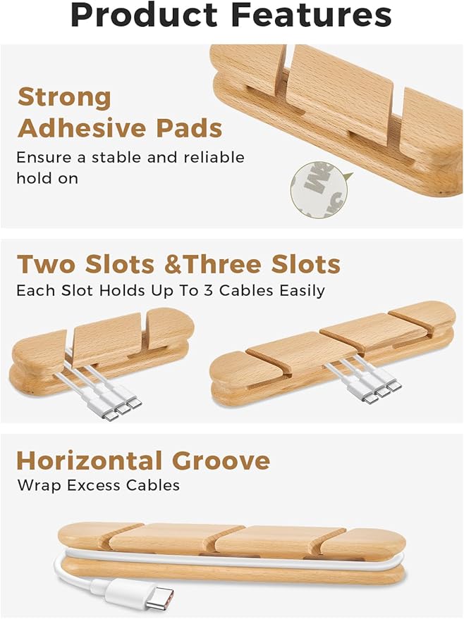 Natural Beech Wood Cable Holder & Cord Organizer, Adhesive Cable Clips for Desk, Under Desk, Wall, Bedside & Car, Wood Cable Management for Home Office, Phone Charging & USB Cables