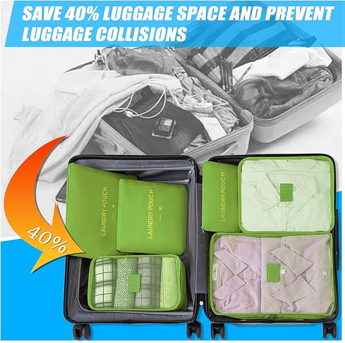 6 Set Packing Cubes for Travel Luggage Packing Bags Reusable Waterproof Suitcase Organizer Bags Set with Shoe Bag and Toiletry Bag (Green)