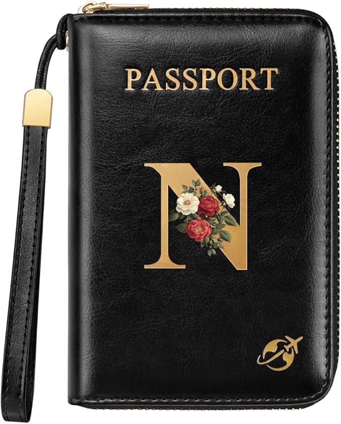 Passport Holder for Travel Wallet Women Zipper Wallets Personalized Passport Holder Cover Initial Letter Rose Flower Passport Book Holders RFID Blocking Credit Card Holder, N