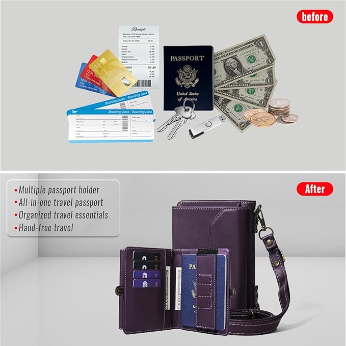 ASAPDOS RFID Blocking Family Passport Holder Wallet,Hold 3-4 Passports for Travel with Credit Card Slots & Wrist Crossbody Strap Purple