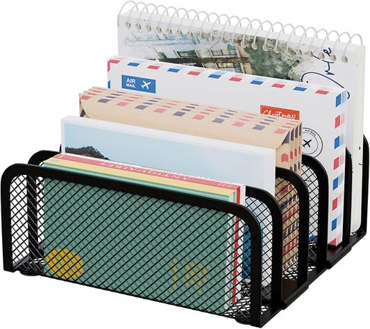 Mail Organizer Countertop, Metal File Holder with 5-Slot, Small Desk File Organizer for Letter, Bill, Mail Sorter, Desktop Letter Folder Holders for Office, Home, School (Black)