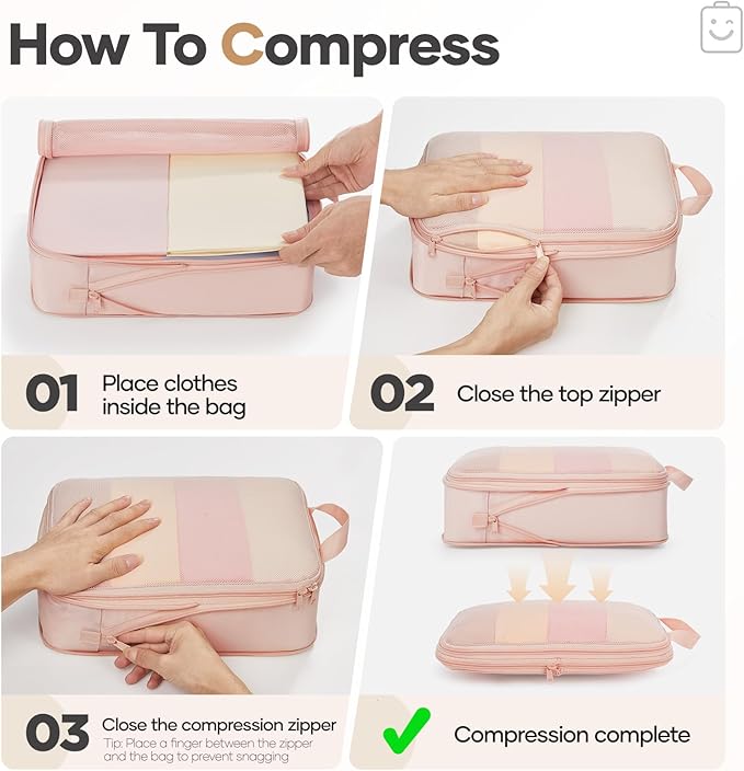 Veken 10 Set Compression Packing Cubes for Travel Essentials,Compressible Expandable Large Luggage Suitcase Organizer Bags for Clothing,Durable Space Saver Storage Bags with Makeup Bag(Beige)