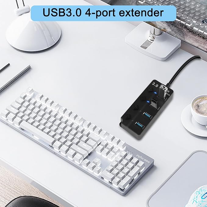5FT 4-Port USB3.0 Expander Hub, USB 3.0 Fast Data Hub with Individual LED Power On/Off Switches, Portable USB Port Extender for PC, USB Flash Drives and More