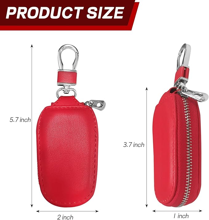 Car Key Case, Genuine Leather Auto Key Fob Protector, Universal Key Fob Cover Case with Metal Hook, Car Smart Keychain Holder for Remote Key Fob, Vehicle Keyring Zipper Bag (Red)