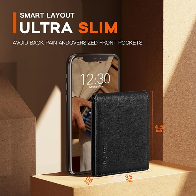 RUNBOX Wallet for Men Slim Leather Bifold RFID Blocking Minimalist Front Pocket Design with Gift Box