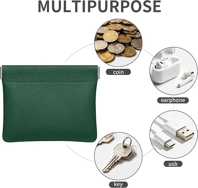 Genuine Leather Squeeze Coin Purse Pouch Change Holder For Men & Women Mini Change Purse Pouch for Pocket, Small Pouch Credit Card Key Headset Lipstick Holder (Green)