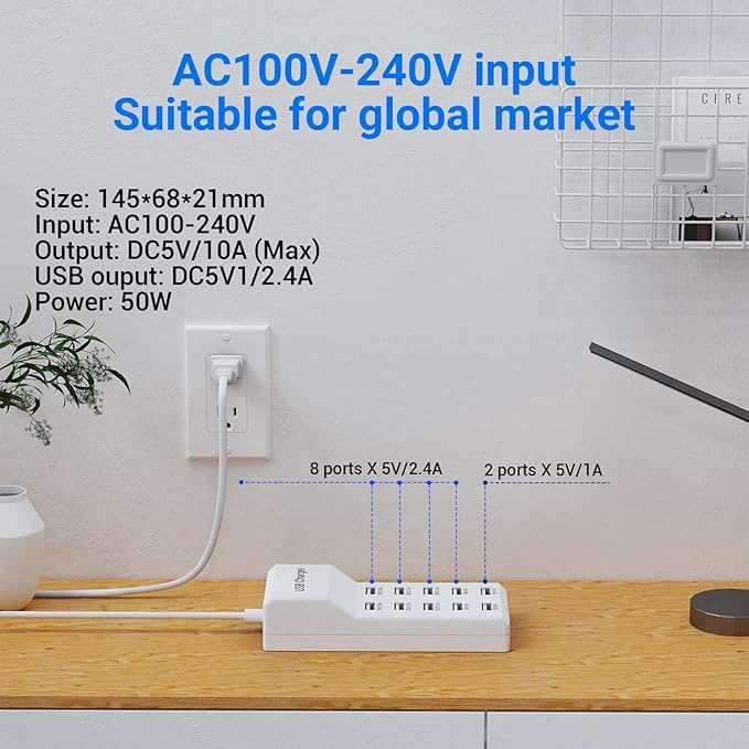 10-Port USB Charger Station, 50W10A Multiport Charger Hub for iPhone, Galaxy, iPad & More, 3.3FT