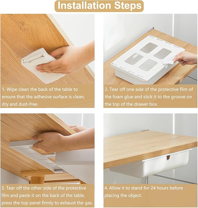 2 Pack Under Desk Drawer, Large & Medium Self-Adhesive Under Desk Organizer, Hidden Under Desk Storage Box Cosmetics Case Stick On Under Table Tray Holder for Cutlery, Office Supplies, Stationery