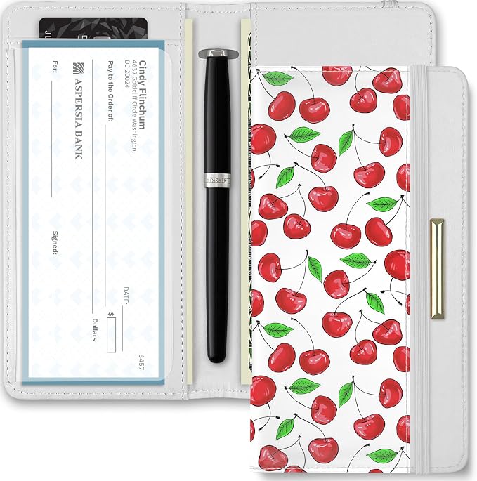 Printed Checkbook Cover, RFID Blocking Checkbook, Stylish, Lightweight, Slim Durable, Multi-Functional Checkbook Holder for Personal and Business Checks (Cherry)