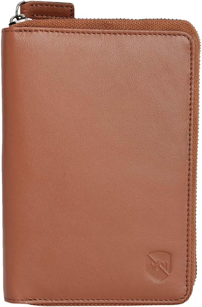 ALLEN & MATE 100% Leather Passport Holder for Travel RFID Blocking Passport Wallet for Men & Women - Zippered Compact Travel Document Organizer Fits Passport, Cash, Cards, SIM, ID and Tickets