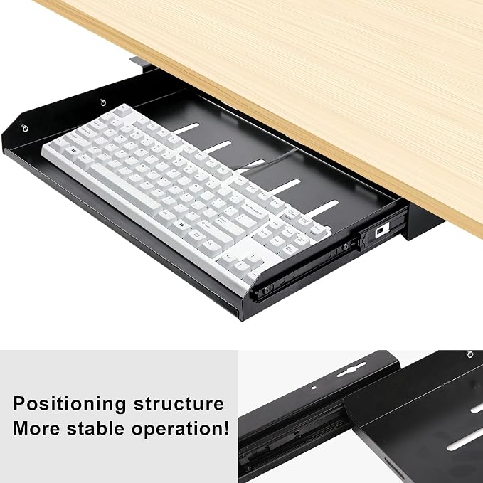 Under Desk Laptop Drawer with Air Vents, 16.3" x 12" Metal Pull Out Sliding Track, Under-Desktop Storage for Laptop & Accessories
