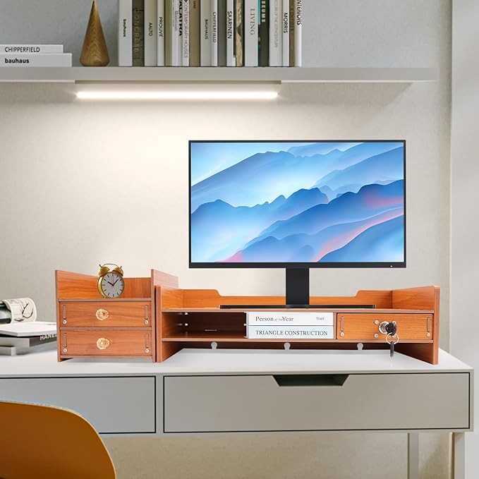 AngelcityCC Monitor Stand Riser, 3 Tiers Laptop Computer Monitor Riser, Desktop Wooden Screen Monitor Stand Riser with Drawers&Lock for Home Office School