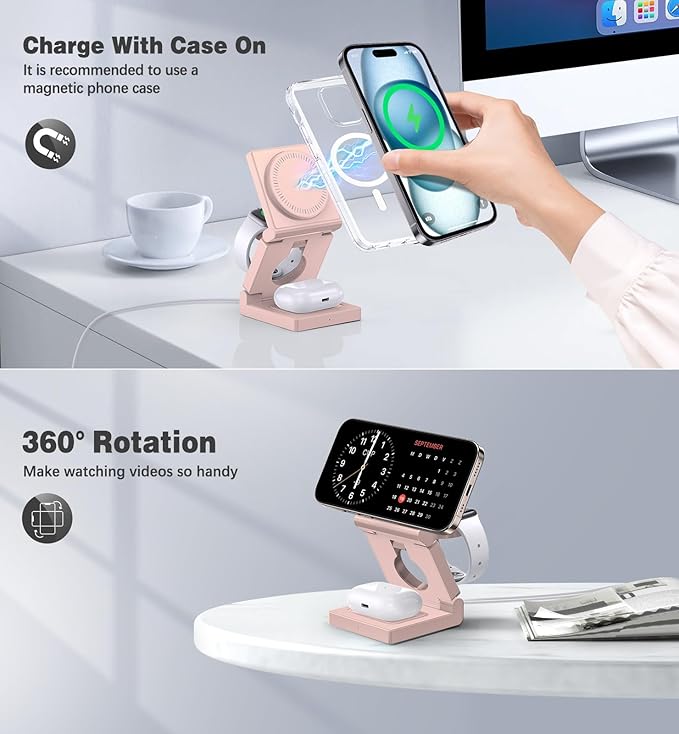 3 in 1 Wireless Charging Station for Apple Multple Devices - Foldable Magnetic Wireless Charger Dock -Travel 18W Charging Pad for iPhone 16 15 14 13 12 Pro/Pro Max/Plus/Watch & Airpods All Series Red