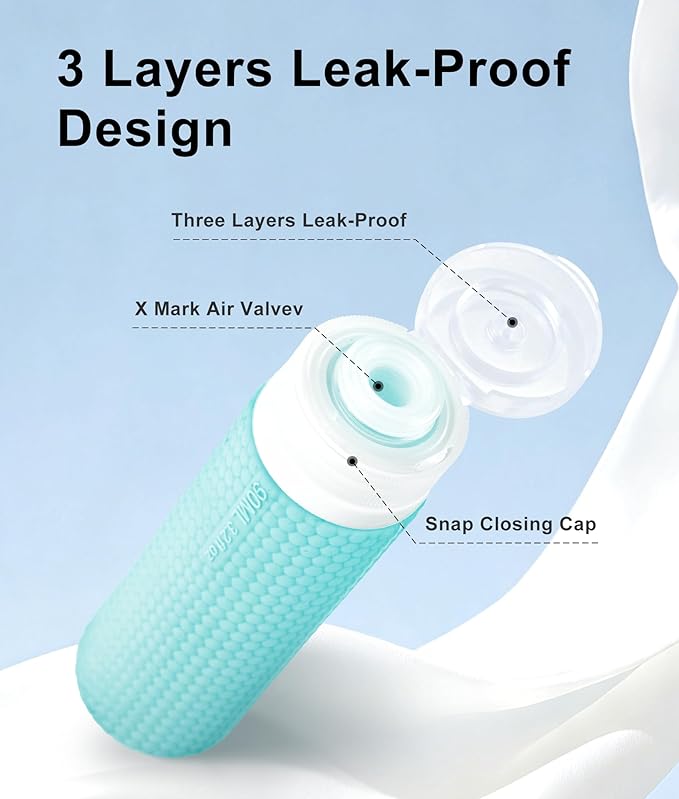 Travel Bottles for Toiletries 90ml with Cosmetic Jar 40ml Luxury Leather Pattern, Anti-Slip Silicone Premium Refillable Bottle Set with Facial Brush for Gym Men Women