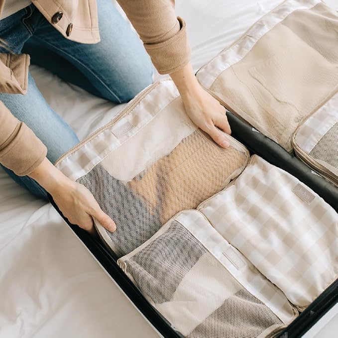 Jadyn Packing Cubes for Travel, 6-Piece Large Packing Cube Organizer Set for Suitcase, Duffel Bag, Luggage, Multiple Sizes Travel Essentials (Beige Gingham)