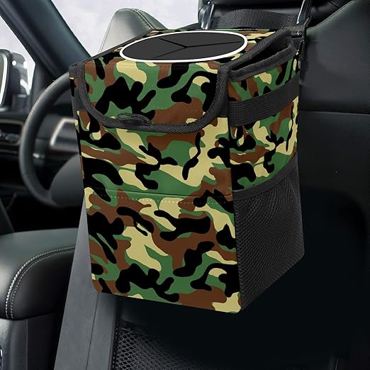 Car Trash Can Camouflage Army Pattern Wate-rproof Auto Garbage Bag Car Trash Can with Lid Leak-Proof Car Storage Bag Hanging for Headrest Collapsible and Portable with Storage Mesh Pocket