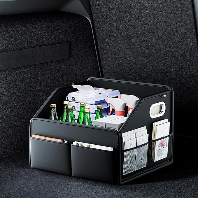 22.5L Leather Material Car Trunk Storage Box Multifunctional Organizer Waterproof and Stain-Resistant Foldable Multi-Compartment Design with Handle for Car Trunk Storage And Office Home Daily Storage