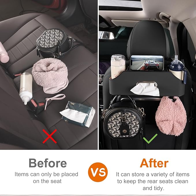 Car Rear Backseat Extra Multifunctional Drink Cup Holder Organizers With Tissue Storage Box Organizer & Hooks For Car Seat Back. Black
