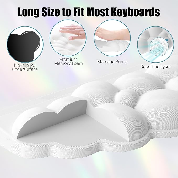 Ergonomic Wrist Rest for Keyboard and Mouse, Soft Memory Foam Cloud Keyboard Stand Pad with Wrist Rest Set, Easy Typing, Pain Relief, Comfort for Office, Work, Gaming - White