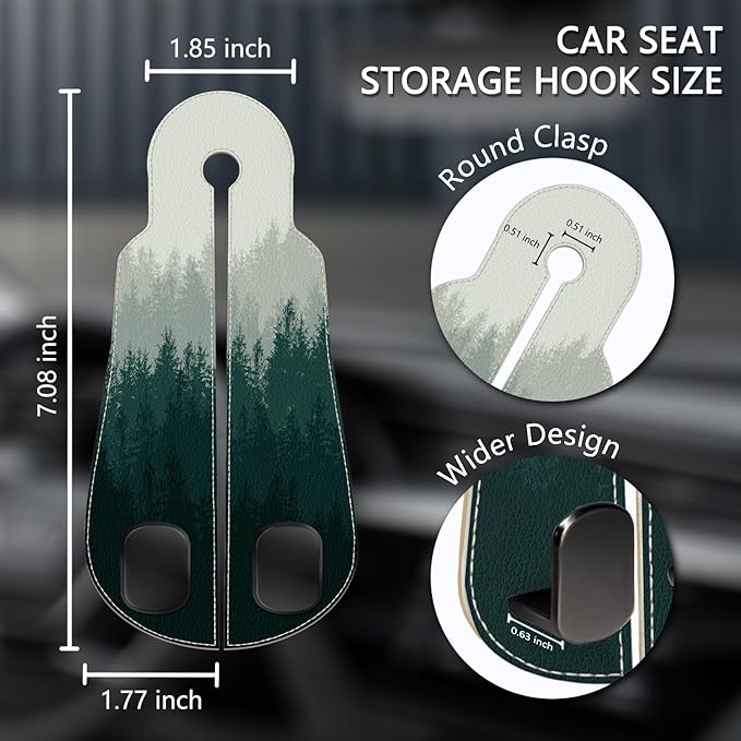 Blusabaca 2PCS Car Seat Back Storage Headrest Hooks, Forest Trees Purse Holder Bags Hanger, PU Leather Double Metal Hook for Backseat Organizer, Women Car Accessories Organization