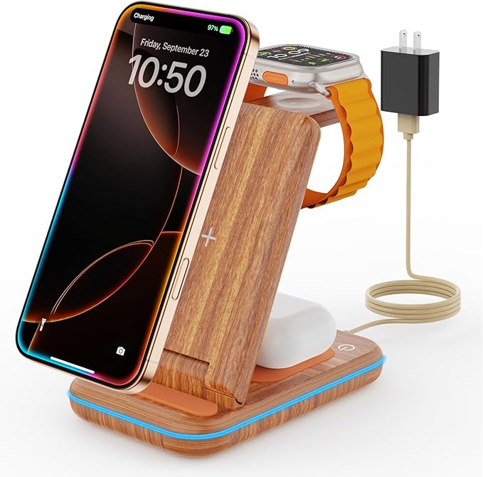 Wireless Charging Station: GEEKERA 3 in 1 Foldable Wireless Charger Stand for iPhone 17/16/15/14/13/12/11/Pro Max/X/8, Charging Station for Apple Watch Ultra/SE/11/10/9/8/7/6/5/4, AirPods 4/3/2/Pro