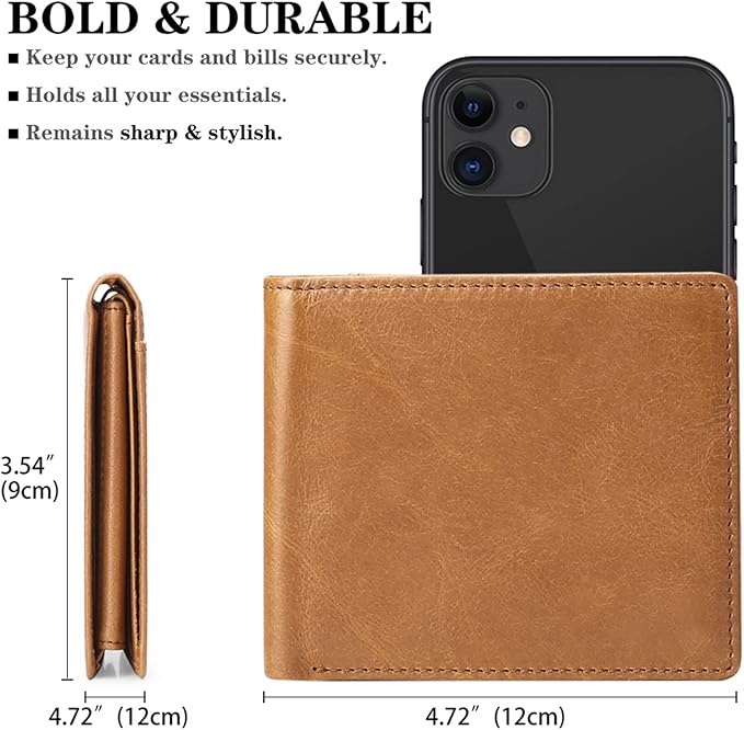FALAN MULE Wallet for Men Genuine Leather RFID Blocking Bifold Wallet With 2 ID Windows (Khaki)