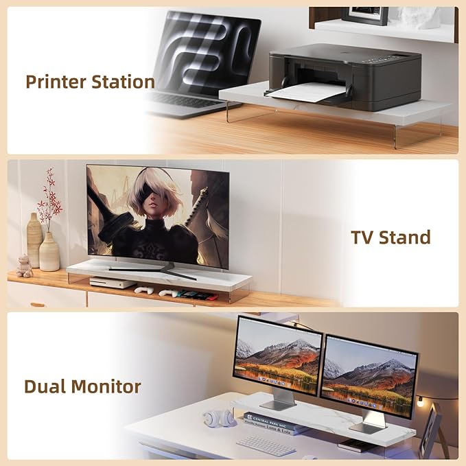 Monitor Stand Riser, Wood & Acrylic Computer Monitor Stand Desk Desktop Organizer Table for Home, Office Workspace, Laptop Riser, Printer, PC & TV Screen Riser