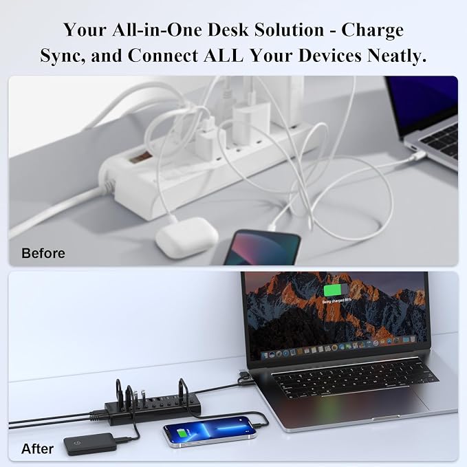 Powered USB Hub, 10-Port USB C Hub with 5*USB-A 3.2 and 2*USB-C 3.2 Ports, BC1.2&2*PD 45W Charging Ports Individual Switches and 24V/3A Power Adapter, USB Extension for PC and More(Black).