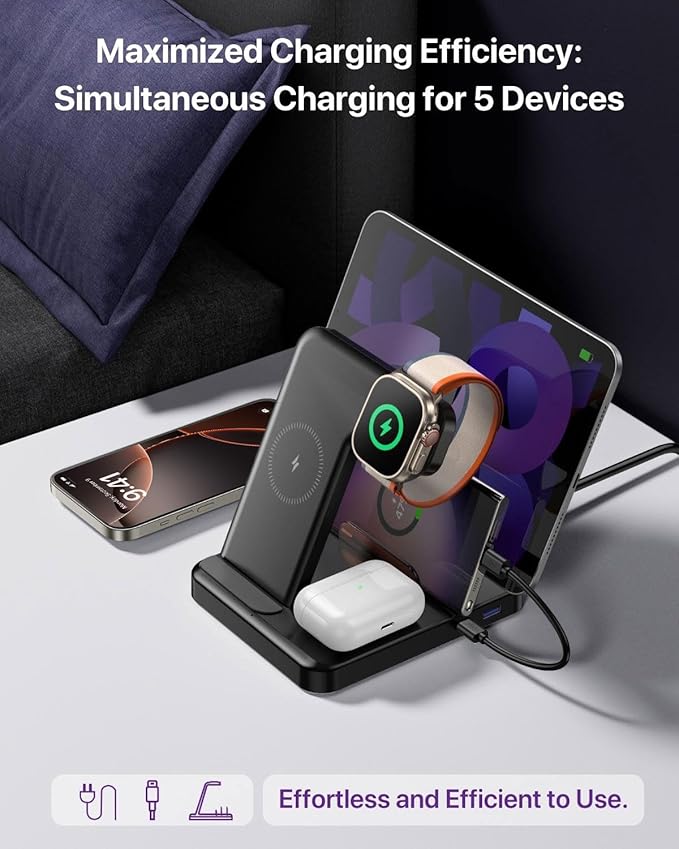 Multiple Devices Charging Station, 5-in-1 Charging Station for iPhone 17 Pro Max/Pro/Plus/16/15/14/13/12, iPad Pro/Air/Mini, Apple Watch and Airpods,Wireless Charging Dock(G805) (Lavender)