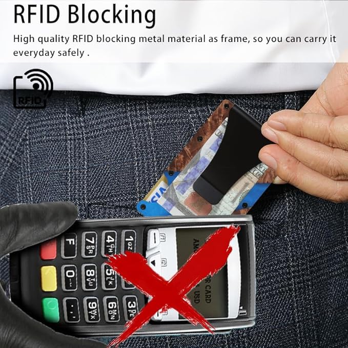 Slim Wallet for Men,RFID Blocking Minimalist Metal Wallet, Money Clip/Cash Holder, Front Pocket Aluminum Credit Card Holder, Ideal Gift for Men,Resin Dark Blue Wood