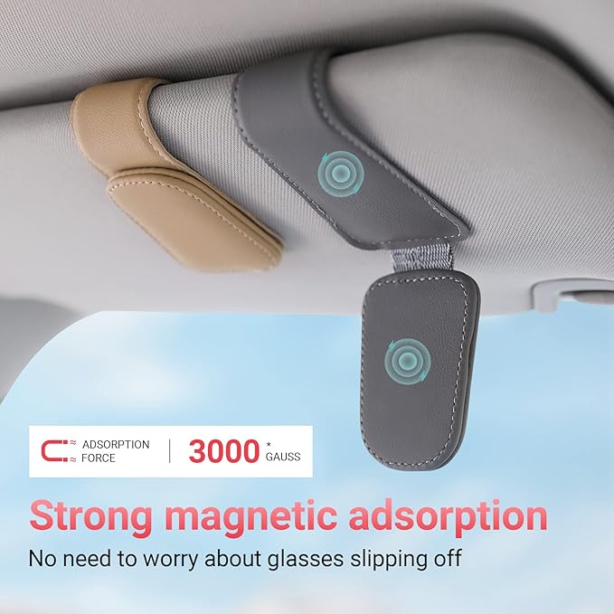 KanSmart Sunglass Holder for Car Visor Sunglasses Clip Magnetic Leather Glasses Eyeglass Holder Interior Car Accessories for Woman Man - 2 Packs Gray