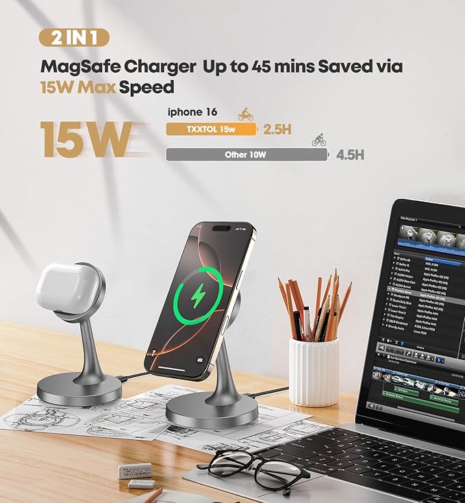 Magnetic Wireless Charger iPhone Stand, 15W Fast Mag-Safe Charger iPhone 17/17 Air/17 Pro/17 Pro Max 16/15/14/13/12 Series Magnet Wireless Charging Station/Pad/AirPods for Home, Office, Travel