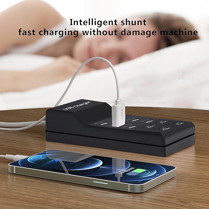 100W USB Charging Station, 10-Port (6 USB-A & 2 USB-C, 2 PD20W) Compatible with iPhone 11-15, Tablets - Black