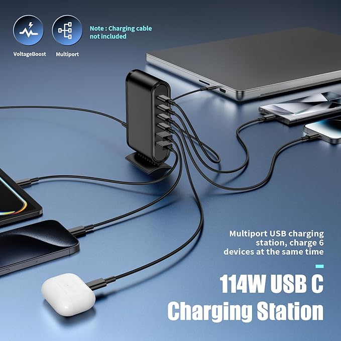 USB C Charger Block Fast Charging Station,6-in-1 Desktop Charger Adapter,USB Laptop Brick Hub for Apple Watch iPhone 17/16 15/14/13/Pro Max,iPad Air,MacBook,Samsung Galaxy S24+/S23 Ultra,Android