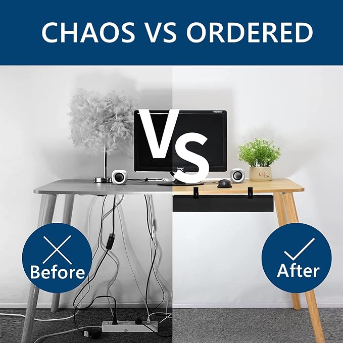 No Drill Under Desk Cable Management Tray, 28" Fabric Cord Hider for Wire Organizer, Clamp/Screw Mount Desk Cable Management, Cable Raceways Tray Cord Hiders for Office/Home