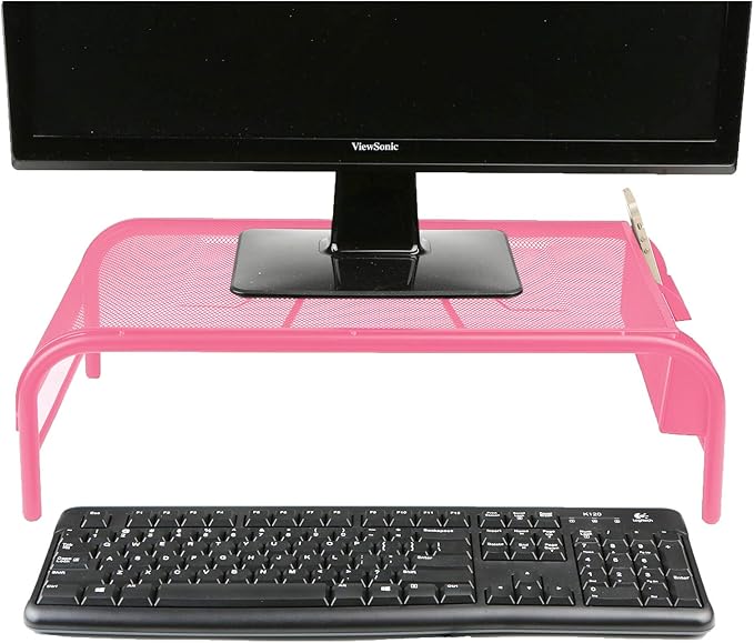 Mind Reader Monitor Stand, Ventilated Laptop Riser, Desktop Organizer, Side Storage, Metal Mesh, 20" L x 11.5" W x 5.5" H, Pink