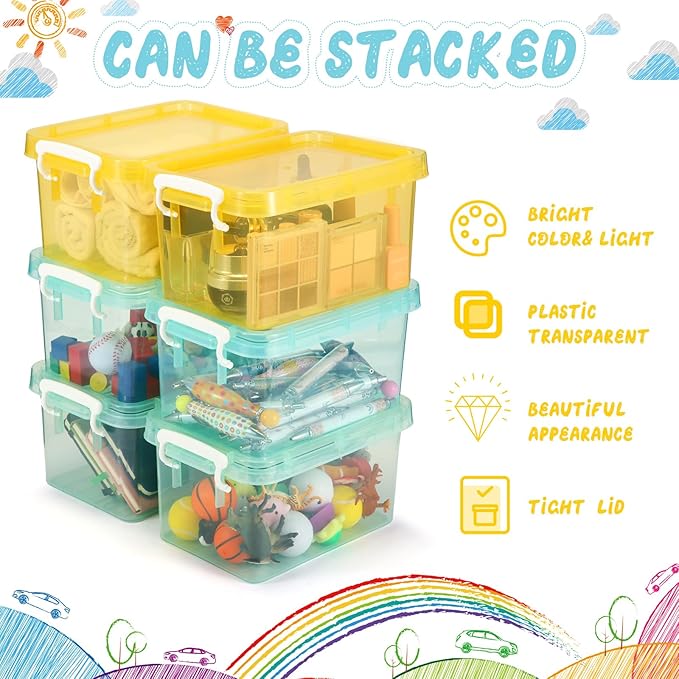 Wenqik 6 Pack Colorful Plastic Storage Bins with Lids 4 Quart Small Storage Latch Box Stackable and Nestable Clear Organizer Bins with Latching Handle and Buckle for Organizing(Cute Color)