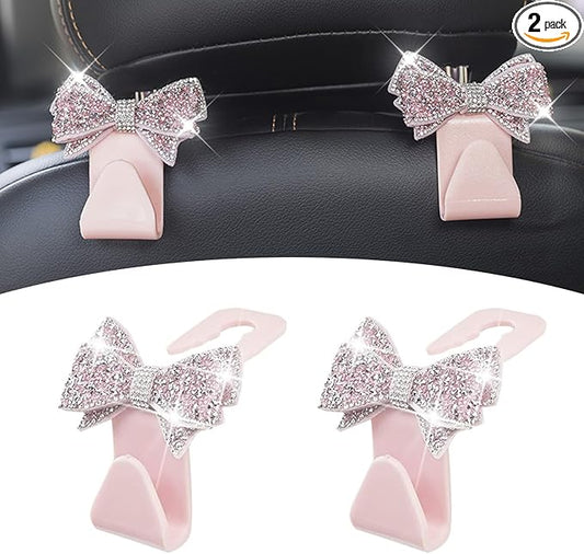 2 PCS Bling Bow Car Headrest Hook, Diamond Sparkling Invisible Seat Headrest Hooks, Vehicle Storage Organizer with Butterfly Bow Vent Clip for Purses, Bags, Groceries (Pink)