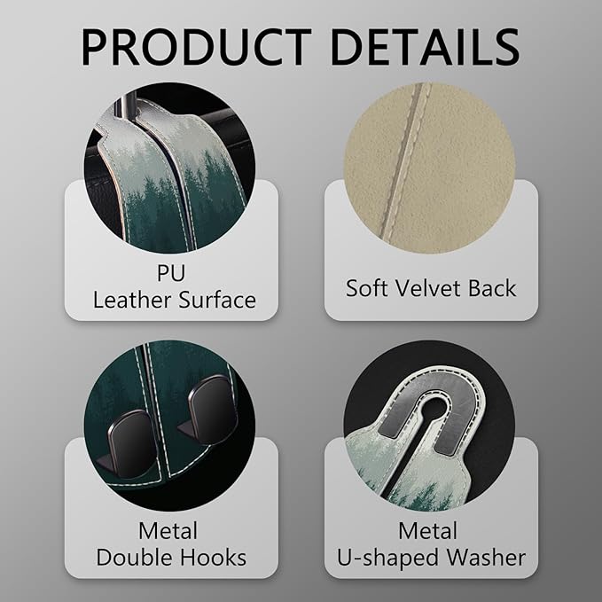 Blusabaca 2PCS Car Seat Back Storage Headrest Hooks, Forest Trees Purse Holder Bags Hanger, PU Leather Double Metal Hook for Backseat Organizer, Women Car Accessories Organization