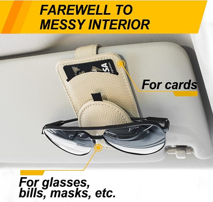 Sunglass Holder for Car Visor, Magnet Adsorbed Sunglasses Holder for Car Accessories Parts, Leather Car Sunglass Holder, Car Visor Sunglasses Clip for Glasses Cards (2PCS, Beige)