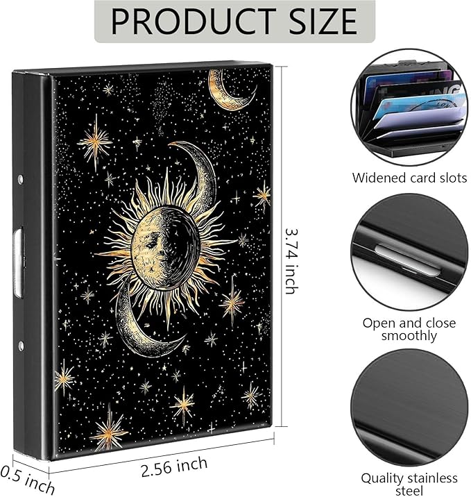 Credit Card Holder, Art Sun Moon Star Design Mini RFID Blocking Aluminum Wallet Slim Metal Hard Case Shell Travel Wallet ID Case Small Credit Cards Case Business Cards for Women Men Girls