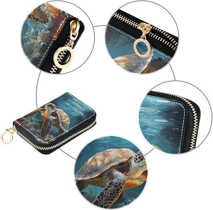Sea Turtle RFID Credit Card Holder Wallets Accordion for Women Leather Zipper Card Case Accordion Wallet for Ladies Girls