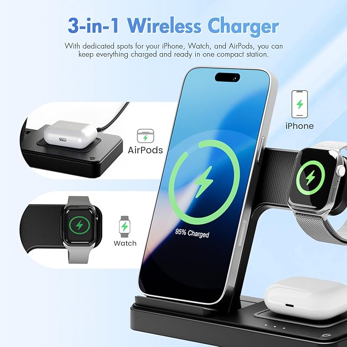 Wireless Charging Station for Apple Devices: 3 in 1 Foldable Qi Compact Case-Friendly Charger Stand for iPhone 17-12 & Apple Watch & AirPods Charging Dock for Travel Home Office Desk Nightstand(Blcak)